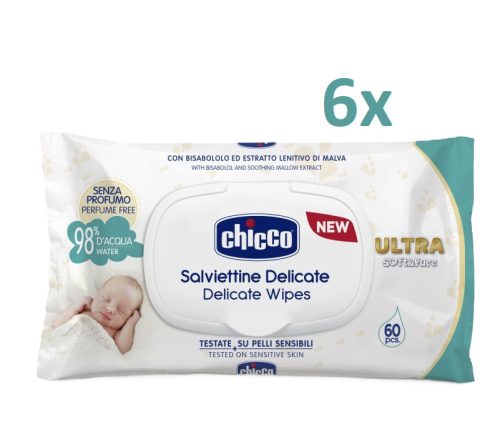 Chicco Ultra Soft&Pure univerzális nedves törlőkendő, illatmentes, MEGA CSOMAG, 6x60 db