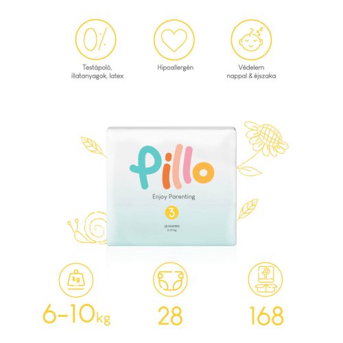 Pillo prémium pelenka, szuper nedvszívó, hipoallergén, 3 (midi), 6-10 kg, 28 db