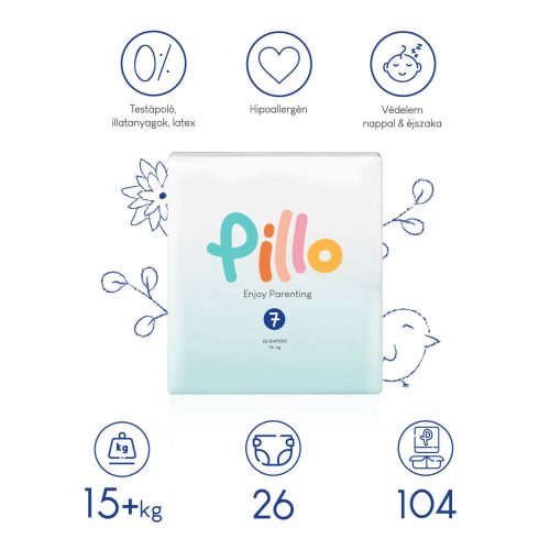 Pillo prémium pelenka, szuper nedvszívó, hipoallergén, 7 (XXL), 15+ kg, 26 db