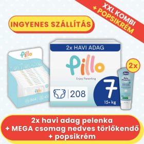   PILLO mindenmentes PURE pelenka XXL KOMBI+ CSOMAG (törlőkendővel és popsikrémmel) - 7-es méret (15+ kg)