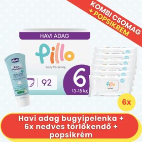   PILLO mindenmentes PURE bugyipelenka KOMBI+ CSOMAG (törlőkendővel és popsikrémmel) - 6-os méret (13-18 kg)