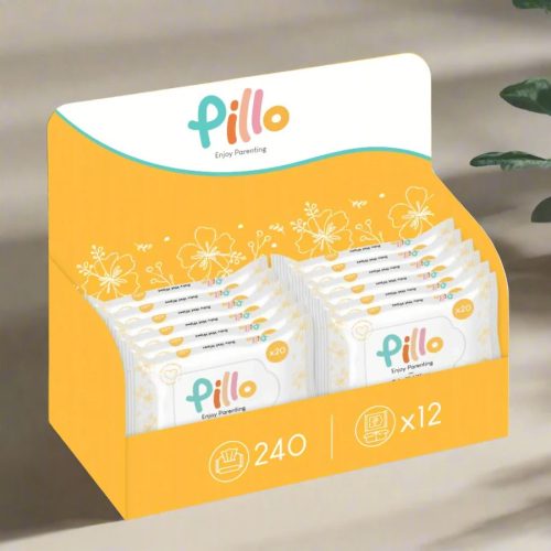 Pillo nedves törlőkendő, bio aloe verával és aktív zabvízzel, utazó csomag, MEGA PACK, 12x20 db