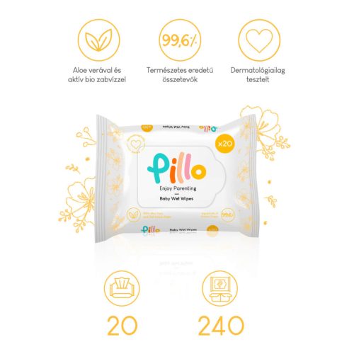 Pillo nedves törlőkendő, bio aloe verával és aktív zabvízzel, utazó csomag, MEGA PACK, 12x20 db