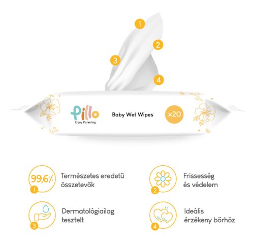 Pillo nedves törlőkendő, bio aloe verával és aktív zabvízzel, utazó csomag, MEGA PACK, 12x20 db