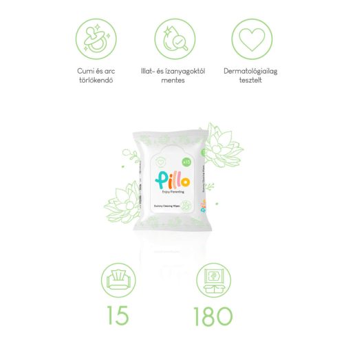 Pillo cumi és arc törlőkendő, bio aloe verával és aktív zabvízzel, MEGA PACK, 12x15 db