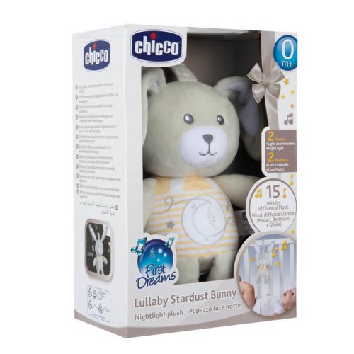 Chicco Lullaby Stardust Bunny zenélő-fénylő altató plüssnyuszi – szürke-bézs