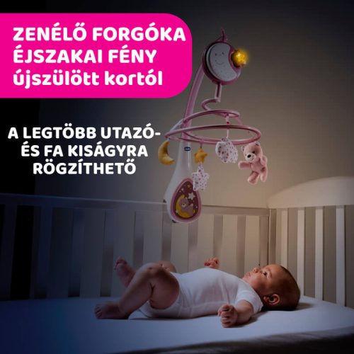 Chicco Next 2 Dreams 3in1 zenélő kiságyforgó és éjszakai fény – rózsaszín