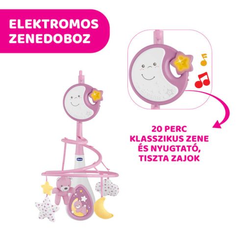 Chicco Next 2 Dreams 3in1 zenélő kiságyforgó és éjszakai fény – rózsaszín
