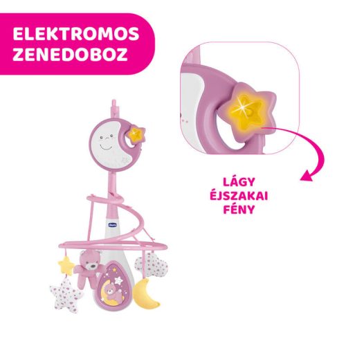 Chicco Next 2 Dreams 3in1 zenélő kiságyforgó és éjszakai fény – rózsaszín