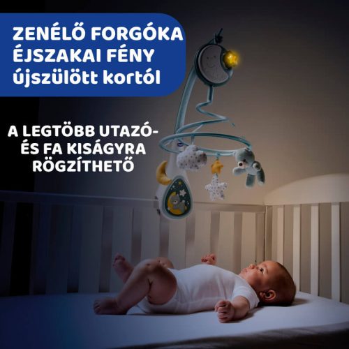 Chicco Next 2 Dreams 3in1 zenélő kiságyforgó és éjszakai fény – kék