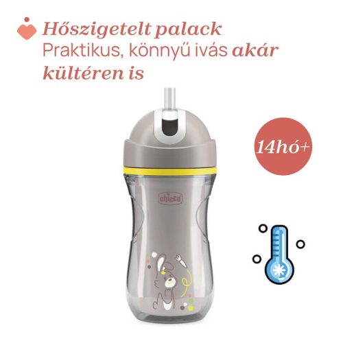 Chicco Sport Kulacs duplafalú, szívószállal, csepegésmentes – 266 ml – Szürke