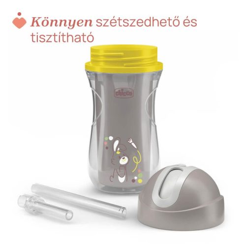 Chicco Sport Kulacs duplafalú, szívószállal, csepegésmentes – 266 ml – Szürke