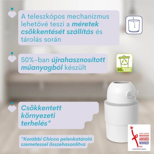 Chicco Odour Off teleszkópos pelenkatároló szemetes – Fehér – 15 db nejlonzsákkal