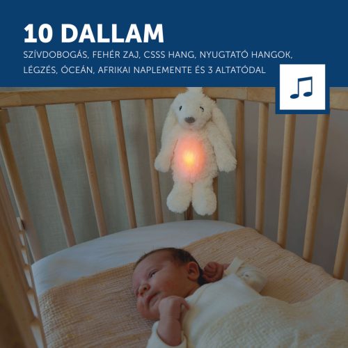 ZAZU Ro fehér babanyugtató plüssnyuszi színes éjjeli fénnyel és altatóhangokkal