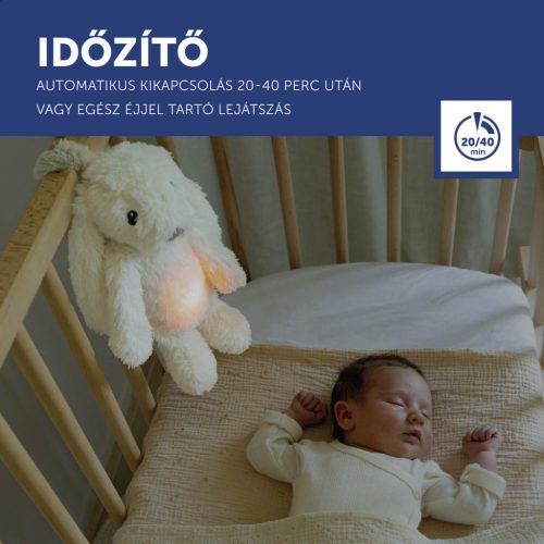 ZAZU Ro fehér babanyugtató plüssnyuszi színes éjjeli fénnyel és altatóhangokkal