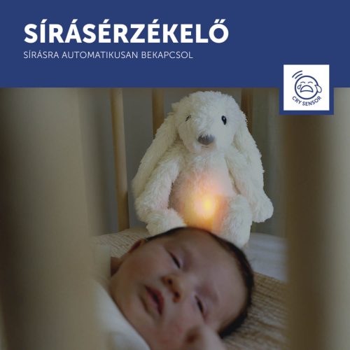 ZAZU Ro fehér babanyugtató plüssnyuszi színes éjjeli fénnyel és altatóhangokkal