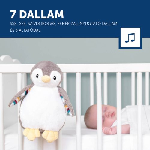 ZAZU Phoebe babanyugtató plüsspingvin éjjeli fénnyel és hangrögzítővel