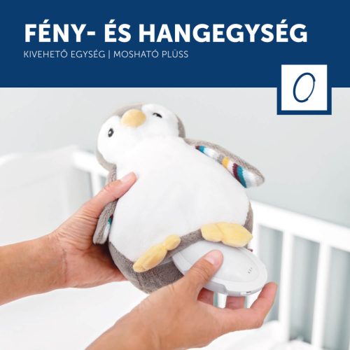 ZAZU Phoebe babanyugtató plüsspingvin éjjeli fénnyel és hangrögzítővel