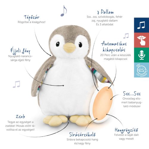 ZAZU Phoebe babanyugtató plüsspingvin éjjeli fénnyel és hangrögzítővel